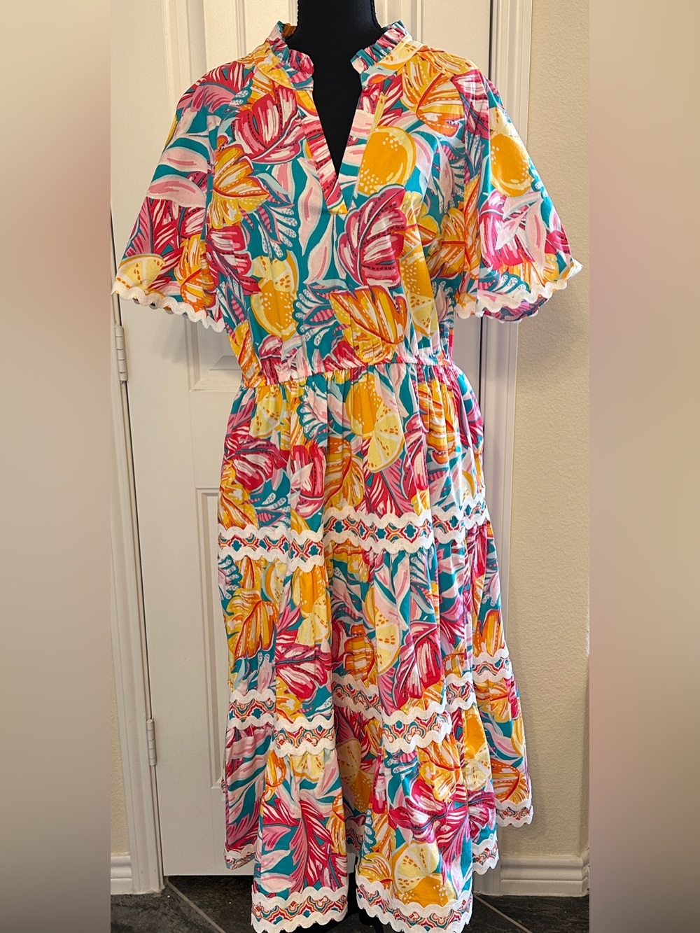crown & ivy Tropical Floral Flutter-Sleeve Maxi Dress in Pink, Yellow & Teal